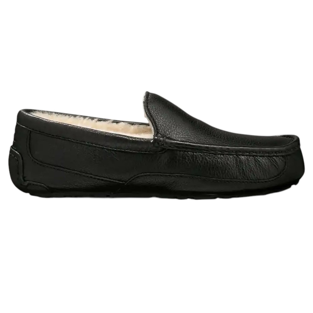 UGG Ascot Leather Slippers Mens Black Loafer Shearling Lined Shoes 1103889
